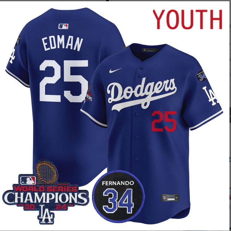 Youth MLB Los Angeles Dodgers #25 Edman blue 2024 World Series Champions Patch Limited Jersey styel 3->customized mlb jersey->Custom Jersey